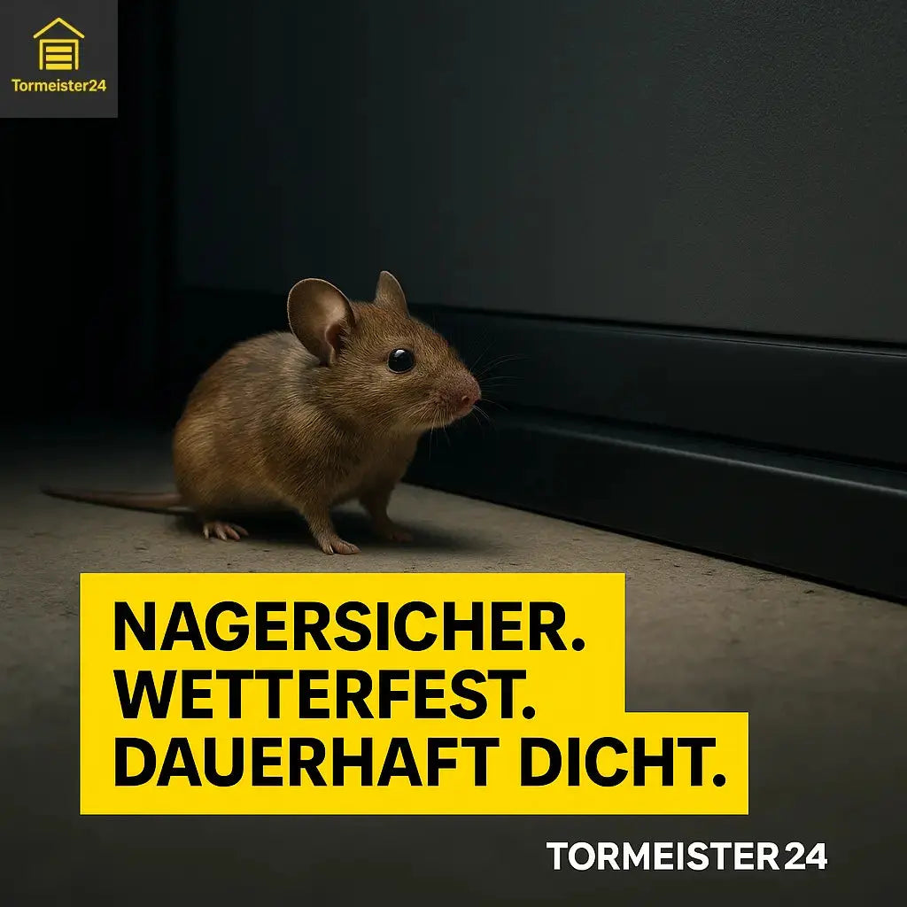 Undichtes Garagentor mit sichtbarem Lichtspalt unten, Zugluft, Feuchtigkeit und passender DoorMag Spaltabdichtung von Tormeister24 gegen Schmutz und Mäuse.